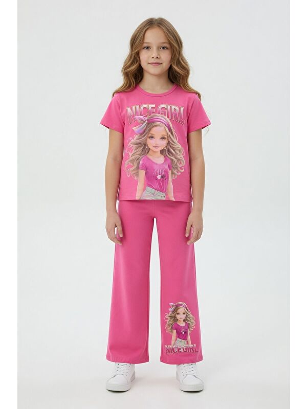 Cansın Mini Pembe Kız Karakter Baskılı Geniş Paça Pantolonlu 2li Kız Çocuk Takım 23801