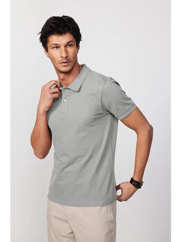 TUDORS Erkek Slim Fit Dar Kesim %100 Pamuk Gri Polo Yaka Tişört