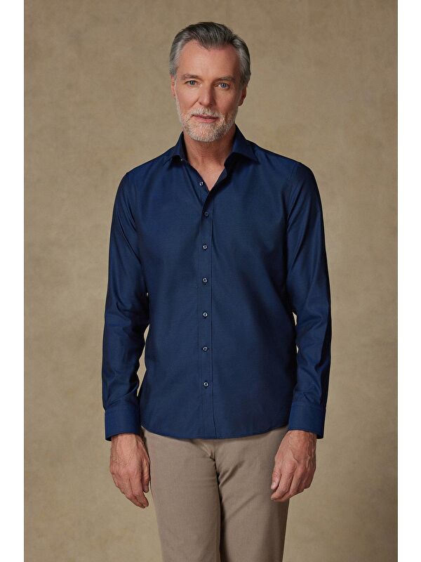ABBATE Donatello Non Iron Twill Pamuklu Slim Fit Lacivert Klasik Yaka Erkek Düz %100 Pamuk Gömlek