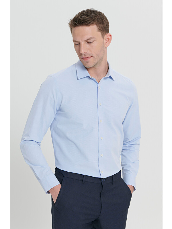 Altınyıldız Classics Erkek Açık Mavi Slim Fit Dar Kesim Klasik Yaka Pamuklu Armürlü Gömlek