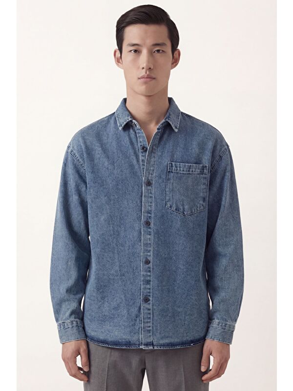 Sabri Özel Erkek Mavi Normal Kesim Regular Fit Pamuk Torba Cep Uzun Kollu Denim Ceket Gömlek