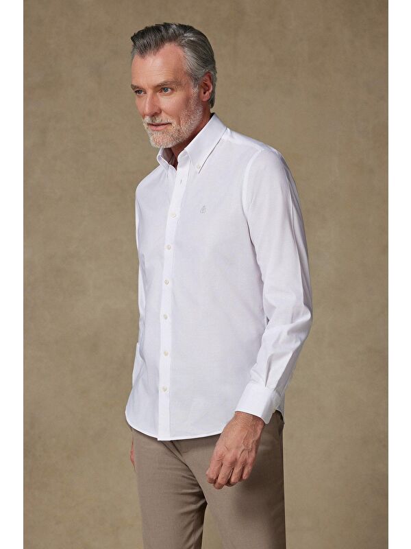 ABBATE Matteo Non Iron Oxford Pamuklu Comfort Fit Beyaz Düğmeli Yaka Erkek Düz %100 Pamuk Gömlek