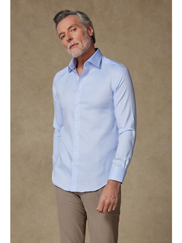 ABBATE Donatello Non Iron Armür Pamuklu Slim Fit Açık Mavi Klasik Yaka Erkek Düz %100 Pamuk Gömlek