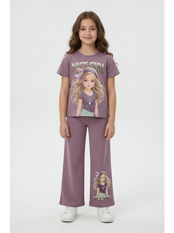 Cansın Mini Gül Kurusu Kız Karakter Baskılı Geniş Paça Pantolonlu 2li Kız Çocuk Takım 23804