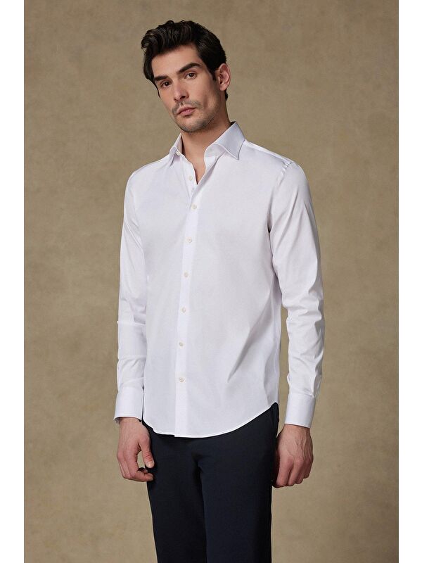 ABBATE Donatello Non Iron Twill Pamuklu Slim Fit Beyaz Klasik Yaka Erkek Düz %100 Pamuk Gömlek