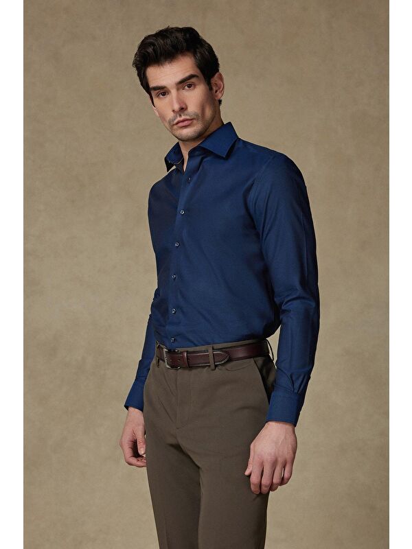 ABBATE Fabio Non Iron Twill Pamuklu Comfort Fit Lacivert Klasik Yaka Erkek Düz %100 Pamuk Gömlek