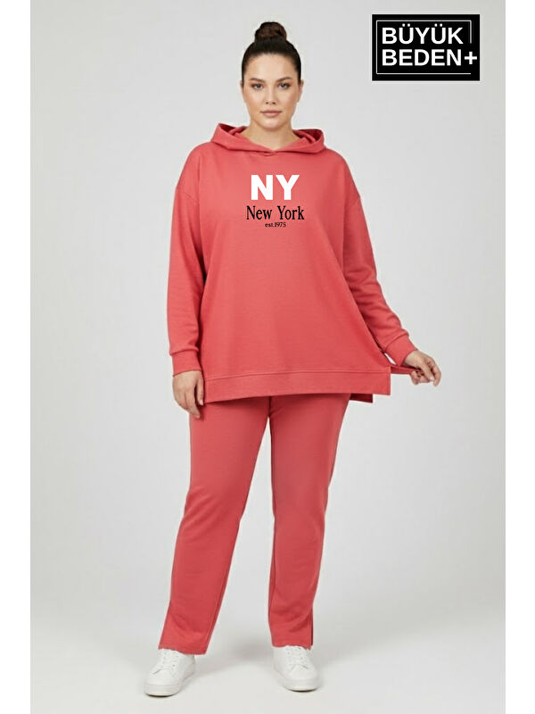 Süperlife Büyük Beden Kapüşonlu NY Newyork Baskılı Tunik ince Sweatshırt SPR26BTK991-1