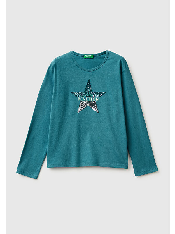United Colors Of Benetton Kız Çocuk Petrol Mavisi Grafik Payet İşlemeli Regular Fit Jarse Uzun Kollu T-shirt