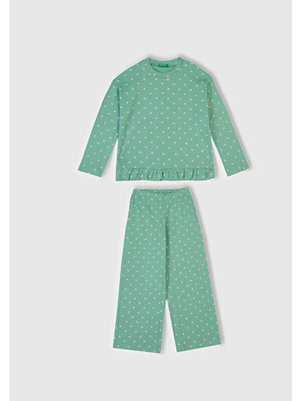United Colors Of Benetton Kız Çocuk Turkuaz Desenli Fırfır Detaylı Pijama Takımı