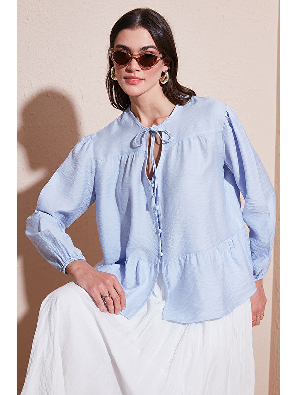 Lela Oversize Fit Balon Kol Bağlamalı Yaka Detaylı Kadın Gömlek 6772618