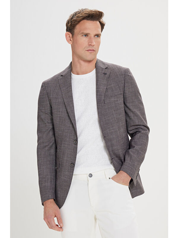 Altınyıldız Classics Erkek Siyah-Bordo Slim Fit Dar Kesim Mono Yaka Desenli Blazer Ceket