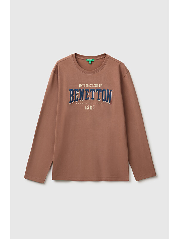 United Colors Of Benetton Erkek Çocuk Kahverengi Önü İşlemeli Uzun Kollu Tişört