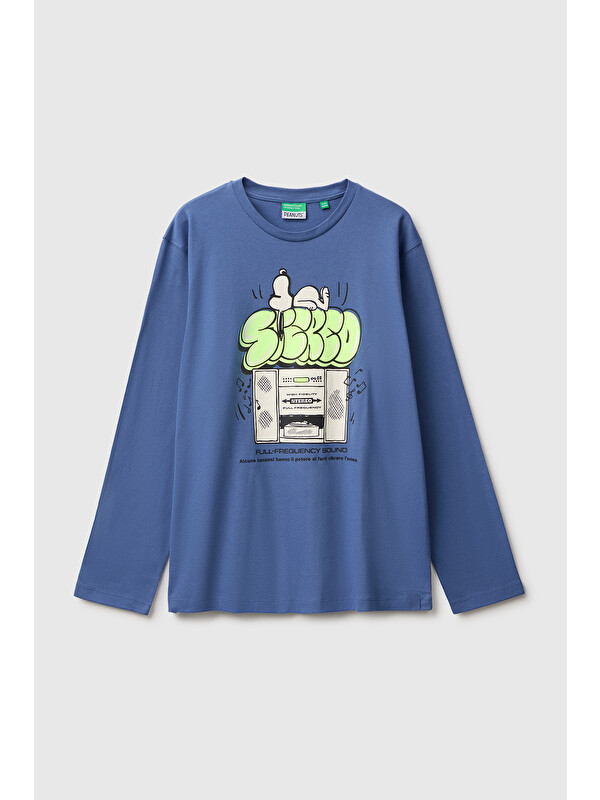 United Colors Of Benetton Erkek Çocuk Mavi Önü Snoopy Baskılı Oversize Uzun Kollu Tişört