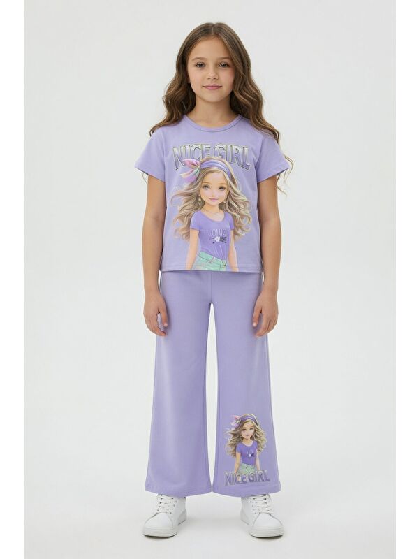 Cansın Mini Lila Kız Karakter Baskılı Geniş Paça Pantolonlu 2li Kız Çocuk Takım 23802