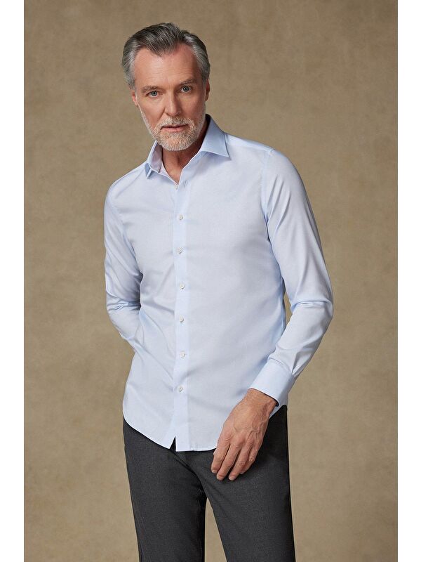 ABBATE Donatello Non Iron Twill Pamuklu Slim Fit Açık Mavi Klasik Yaka Erkek Düz %100 Pamuk Gömlek