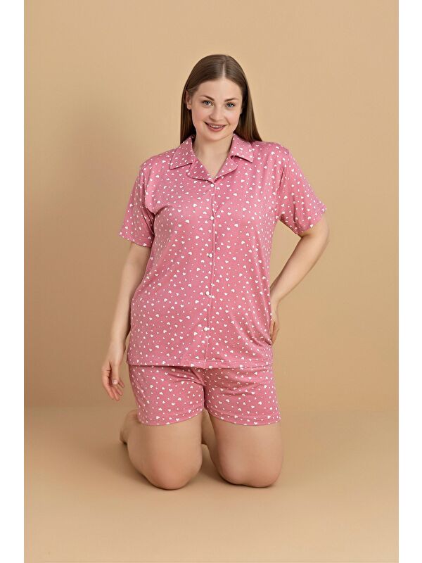 Fullamoda Büyük Beden Yıldız Baskılı Gömlek Yaka Şortlu Pijama Takımı