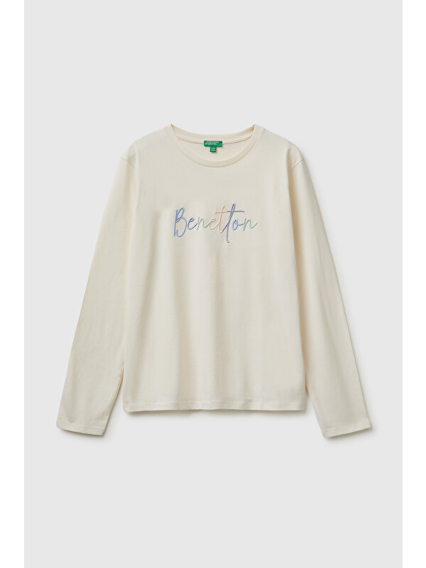 United Colors Of Benetton Kız Çocuk Ekru Önü İşlemeli Uzun Kollu Tişört