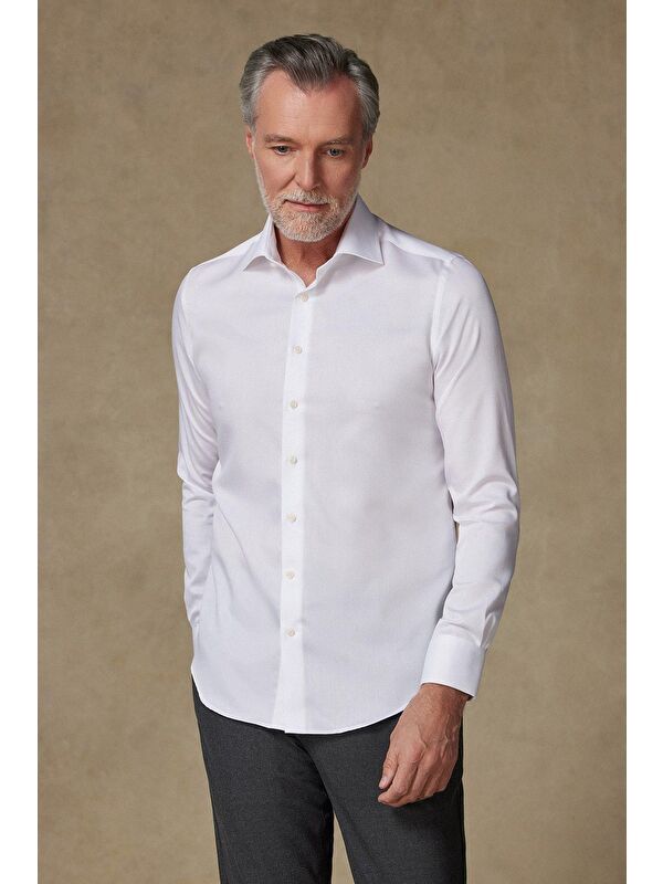 ABBATE Fabio Non Iron Twill Pamuklu Comfort Fit Beyaz Klasik Yaka Erkek Düz %100 Pamuk Gömlek