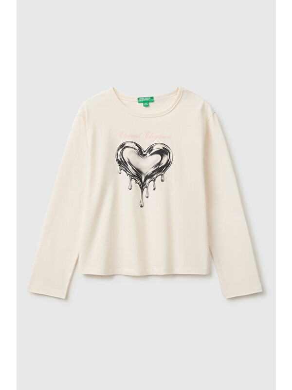 United Colors Of Benetton Kız Çocuk Ekru Uzun Kollu Önü Baskılı Bisiklet Yaka T-Shirt