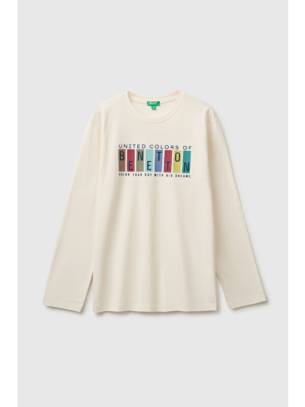 United Colors Of Benetton Erkek Çocuk Ekru Önü İşlemeli Uzun Kollu Tişört