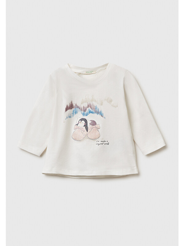 United Colors Of Benetton Bebek Ekru Önü Baskılı Yıldız Simli Uzun Kollu T-shirt