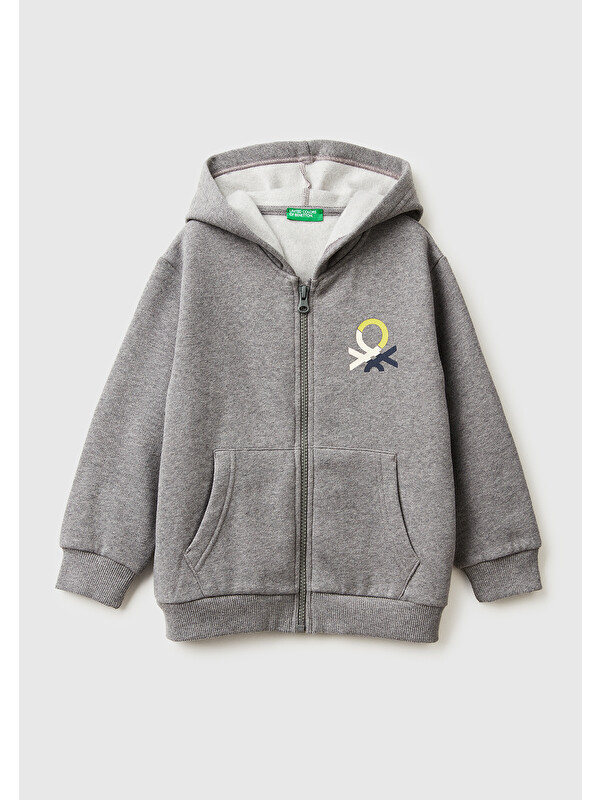United Colors Of Benetton Erkek Çocuk Antrasit Melanj Önü Logo Baskılı Fermuarlı Regular Fit Kapüşonlu Sweatshirt