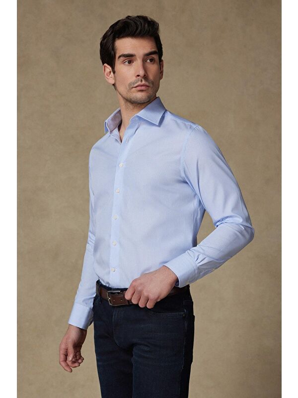 ABBATE Donatello Non Iron Armür Pamuklu Slim Fit Açık Mavi Klasik Yaka Erkek Çizgili %100 Pamuk Gömlek