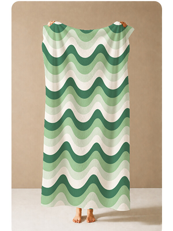 Milbay Grup Retro Yeşil Mint Dalgalı Çizgili Modern Desenli 70x150 Plaj Havlusu - Pamuklu Banyo Havlusu
