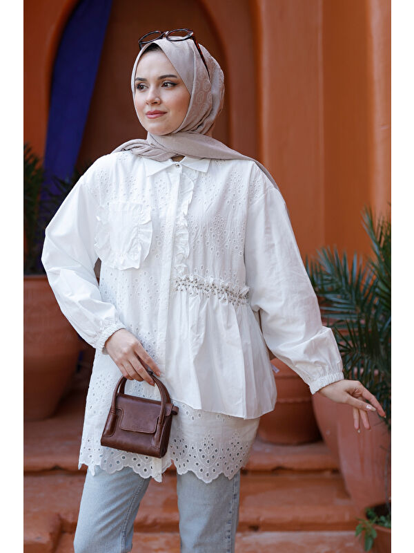 Locco Moda Kadın Brode Detay Yarım Taşlı Gömlek Beyaz