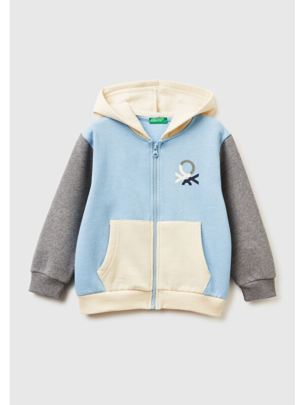 United Colors Of Benetton Erkek Çocuk Mavi-Krem Önü Logo Baskılı Fermuarlı Regular Fit Kapüşonlu Sweatshirt