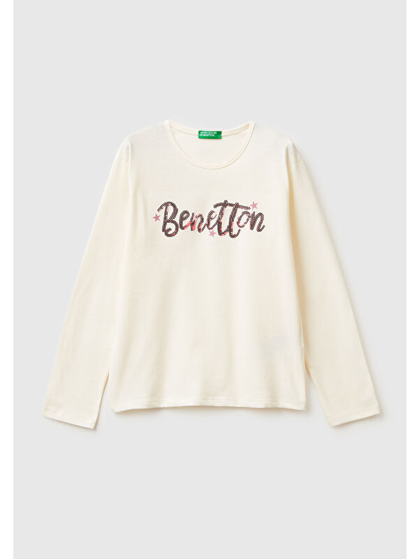 United Colors Of Benetton Kız Çocuk Ekru Grafik Payet İşlemeli Regular Fit Jarse Uzun Kollu T-shirt