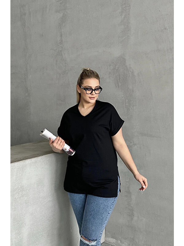 Stil Diva Büyük Beden Kısa Kollu V Yaka Yanları Yırtmaçlı Basic Tişört RFT-02