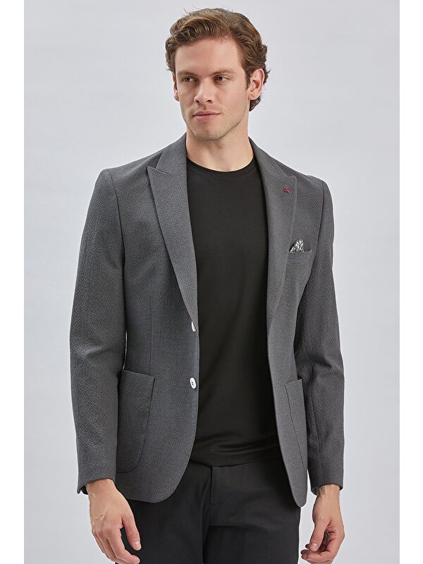 İMZA Koyu Antrasit Desenli Kırlangıç Yaka Elastanlı 6 Drop Slim Fit Dar Kesim Casual Ceket 1002240155