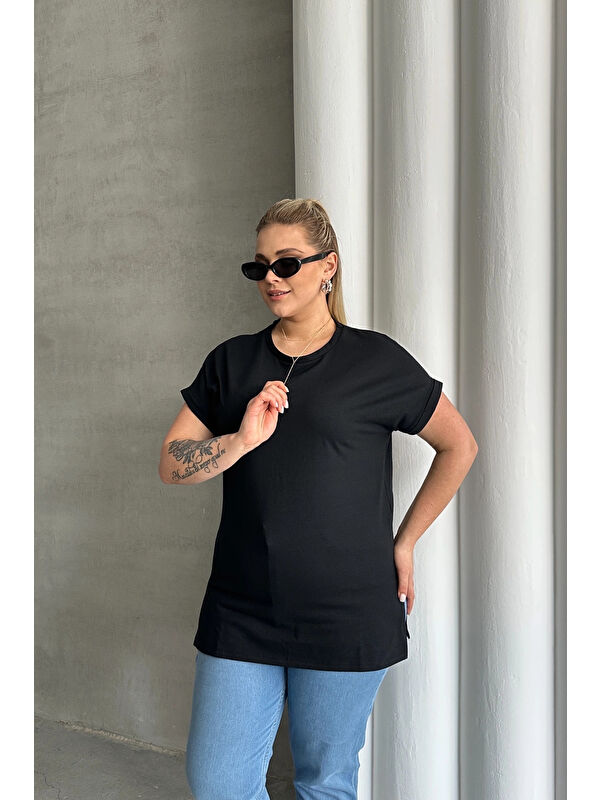 Stil Diva Büyük Beden Kısa Kollu Bisiklet Yaka Yanları Yırtmaçlı Basic Tişört RFT-01