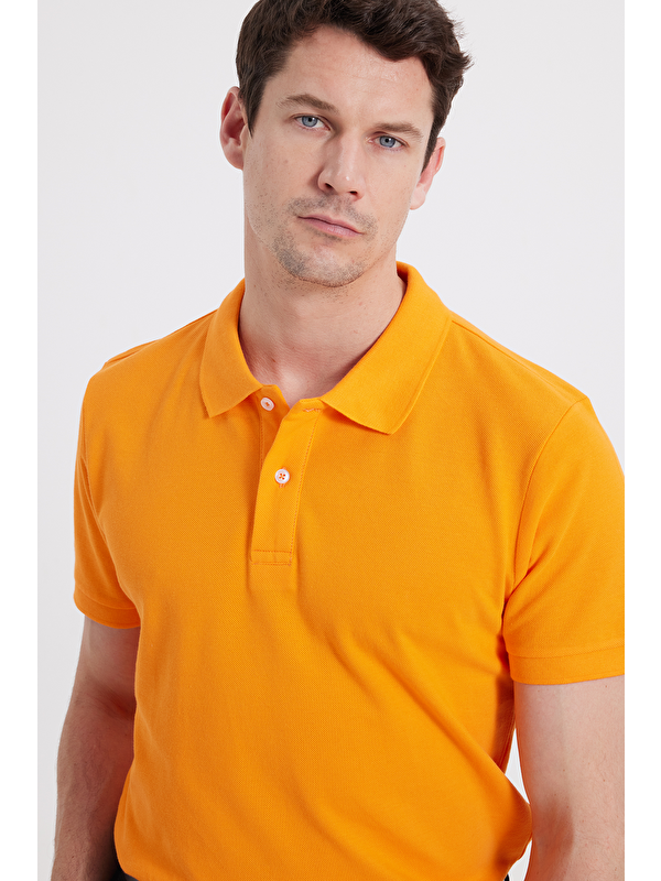 TUDORS Erkek Slim Fit Dar Kesim %100 Pamuk Kısa Kollu Polo Yaka Turuncu Tişört