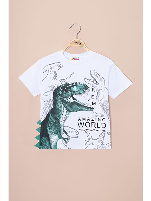 Cansın Mini Ekru Dinozor Baskılı Bisiklet Yaka Erkek Bebek Tişört 20952