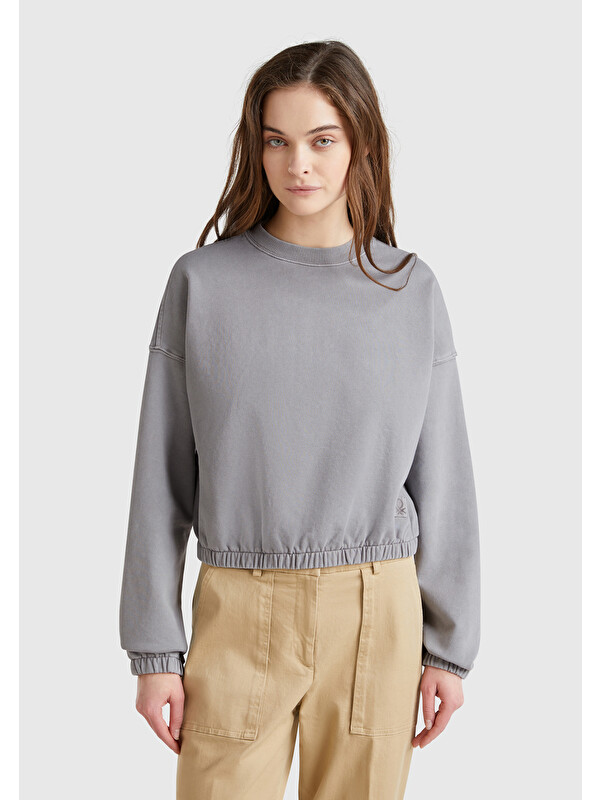 United Colors Of Benetton Kadın Antrasit %100 Pamuk Logo Baskılı Düşük Omuzlu Relax Fit Sweatshirt