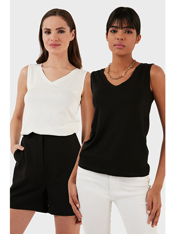 Lela Slim Fit V Yaka Kalın Askılı 2' li Paket Kadın Bluz 5864384S2