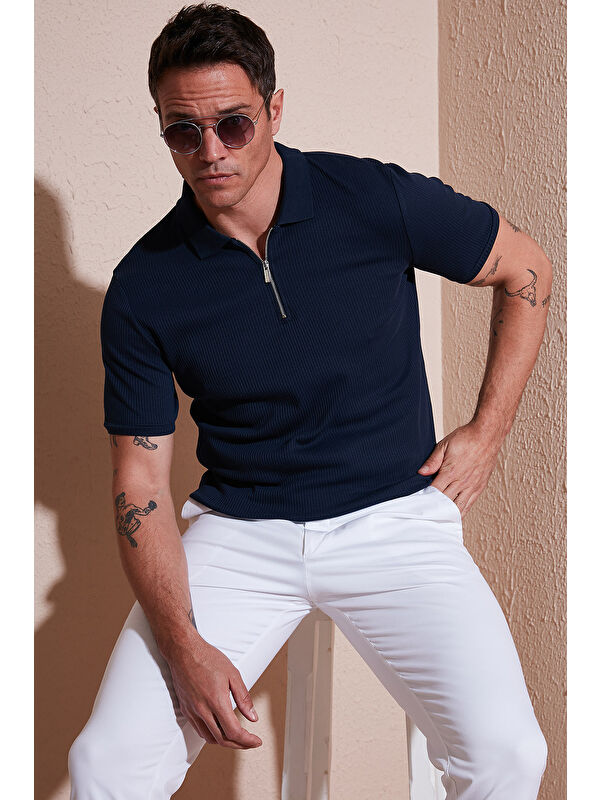 Buratti Pamuklu Regular Fit Fermuarlı Erkek Polo Yaka %100 Pamuk Tişört 5902738