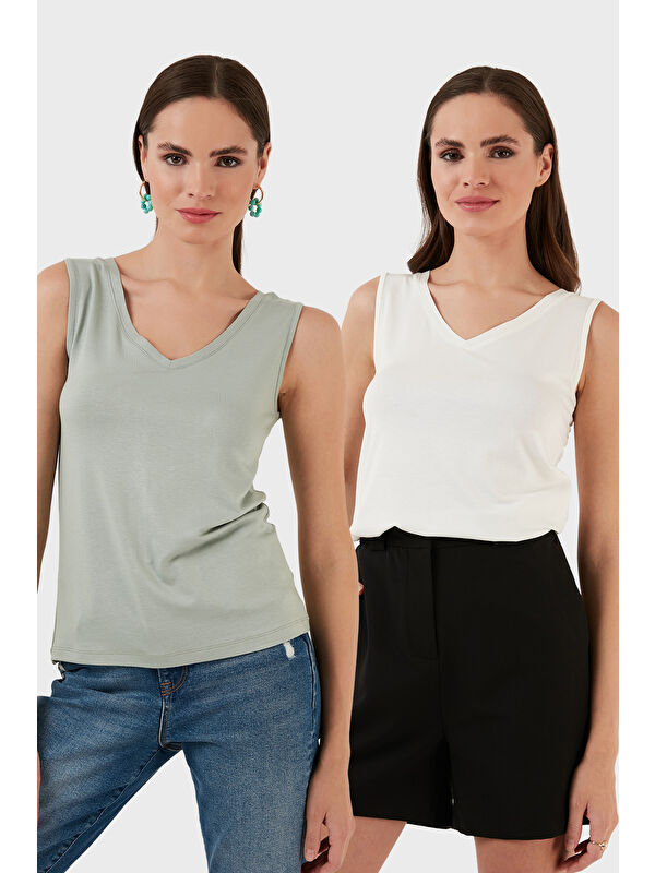 Lela Slim Fit V Yaka Kalın Askılı 2' li Paket Kadın Bluz 5864384S2