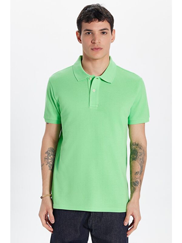 TUDORS Erkek Slim Fit Dar Kesim %100 Pamuk Yeşil Polo Yaka Tişört