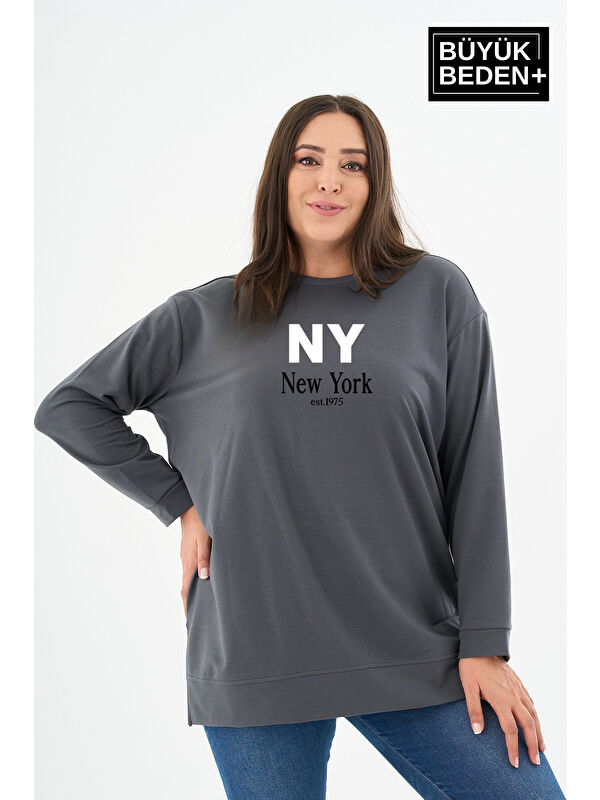 Süperlife Kadın Tunik Büyük Beden NY NEWYORK Baskılı ince Sweatshırt SPR26BTK990-1