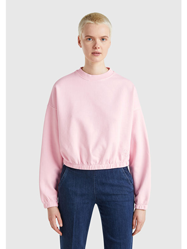 United Colors Of Benetton Kadın Pembe %100 Pamuk Logo Baskılı Düşük Omuzlu Relax Fit Sweatshirt