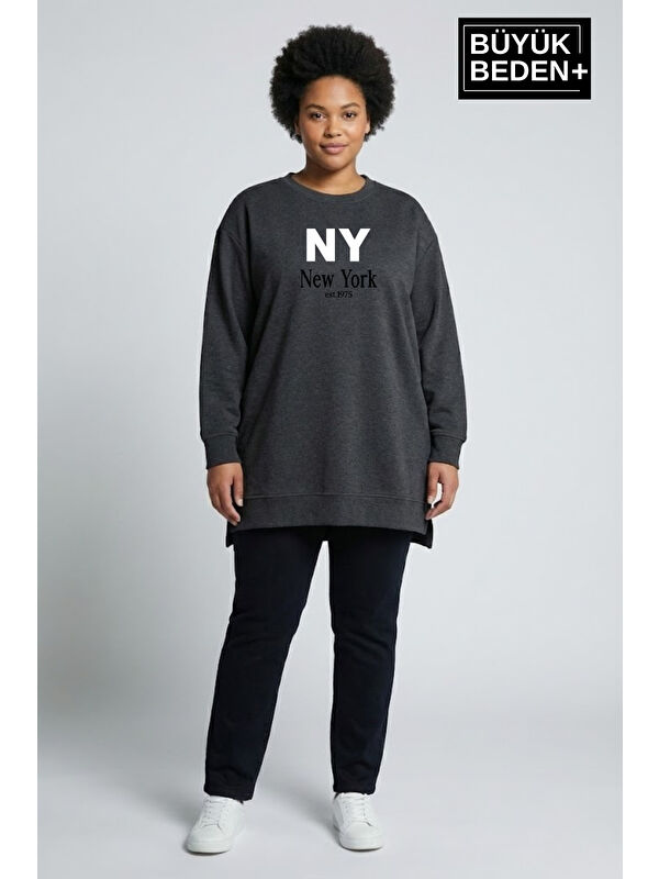 Süperlife Kadın Tunik Büyük Beden NY NEWYORK Baskılı ince Sweatshırt SPR26BTK990-1