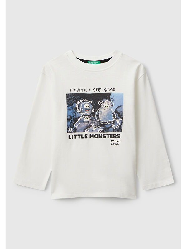 United Colors Of Benetton Erkek Çocuk Ekru Kabarık Baskılı Bisiklet Yaka Uzun Kollu Jarse T-shirt