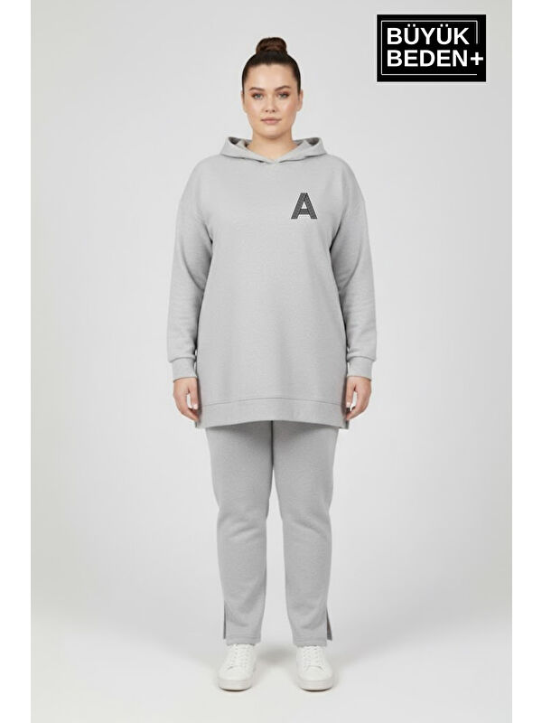 Süperlife Büyük Beden Kapüşonlu A Baskılı Tunik ince Sweatshırt SPR26BTK991-3