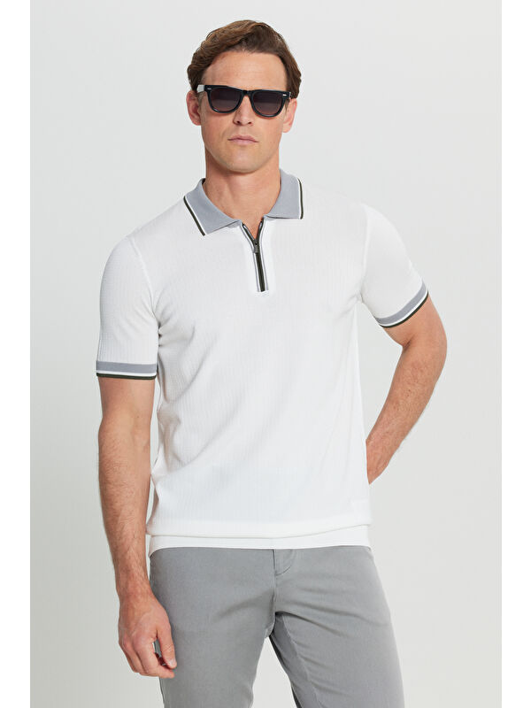 Altınyıldız Classics Erkek Ekru Standart Fit Normal Kesim Polo Yaka Armürlü Triko Tişört