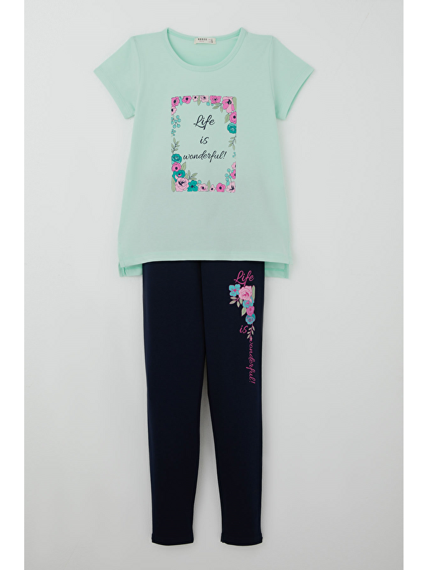Breeze Kız Çocuk Taytlı Takım Çiçek Baskılı Su Yeşili (5-10 Yaş)