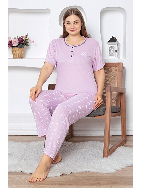 Fullamoda Çiçek Desenli Büyük Beden Pijama Takımı