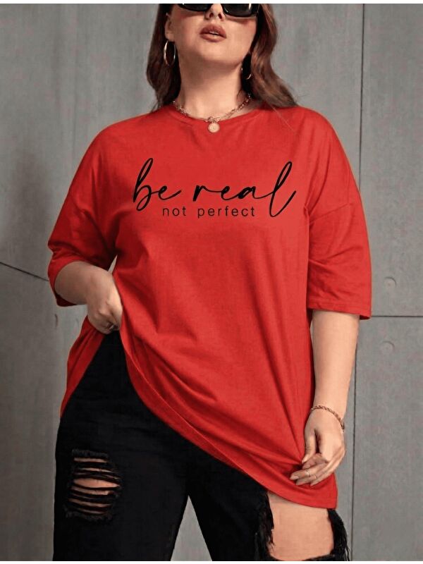 Oksit Be Real Kadın Büyük Beden Battal Baskılı Bisiklet Yaka Pamuklu T-Shirt Rahat Kesim Unisex Sevgili Ko